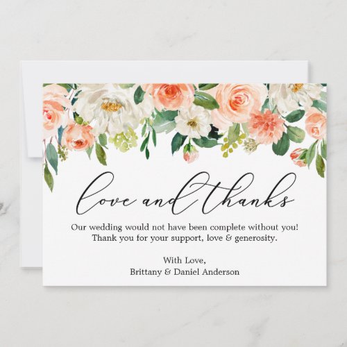 Calligraphy Love Thanks Coral White Floral Thank You Card