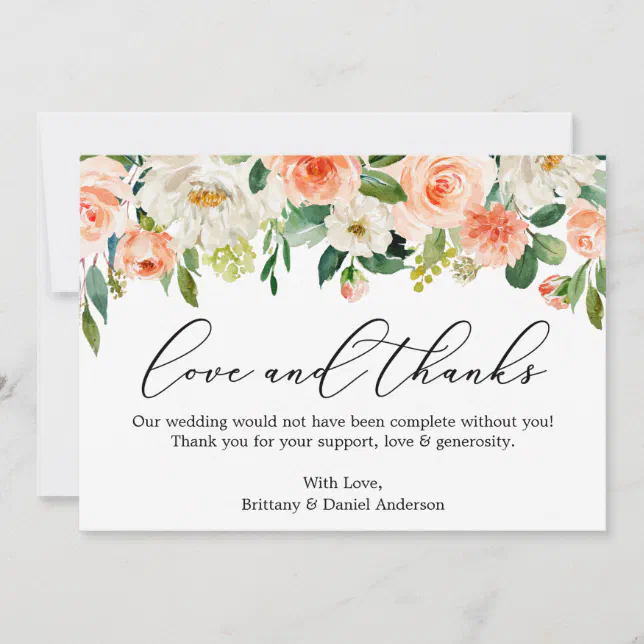 Calligraphy Love Thanks Coral White Floral Thank You Card | Zazzle