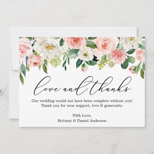 Calligraphy Love Thanks Pink White Floral Thank You Card (Front)