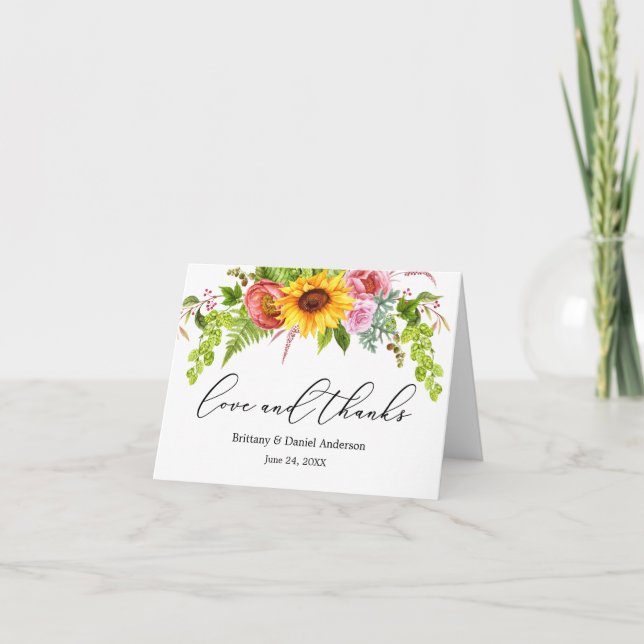 Calligraphy Love Thanks Sunflower Floral Note Thank You Card (Front)
