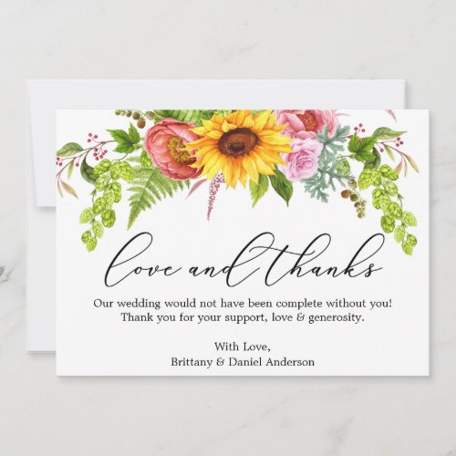 Calligraphy Love Thanks Sunflower Greenery Floral Thank You Card