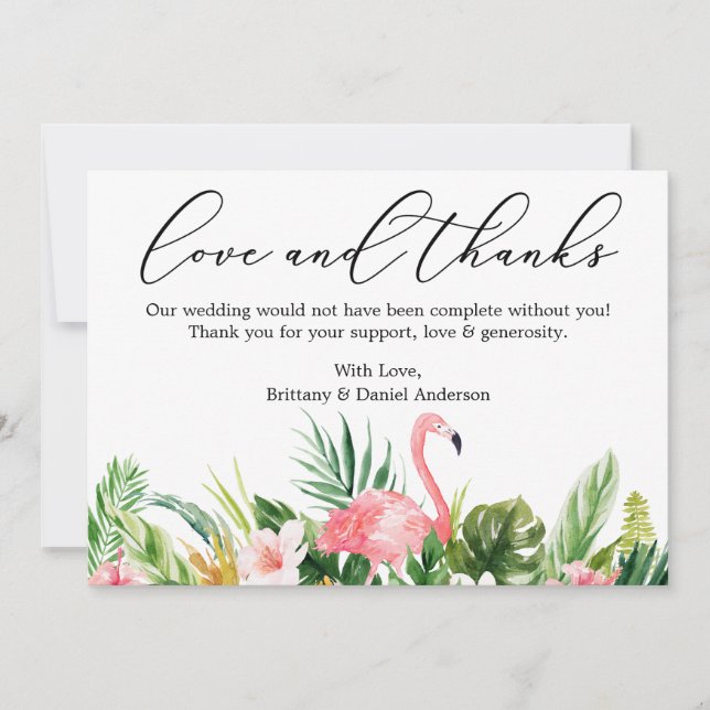 Calligraphy Love Thanks Tropical Pink Flamingo Thank You Card (Front)