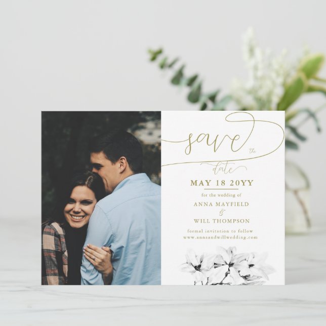 Calligraphy Magnolia Photo Wedding Save the Date Invitation (Standing Front)