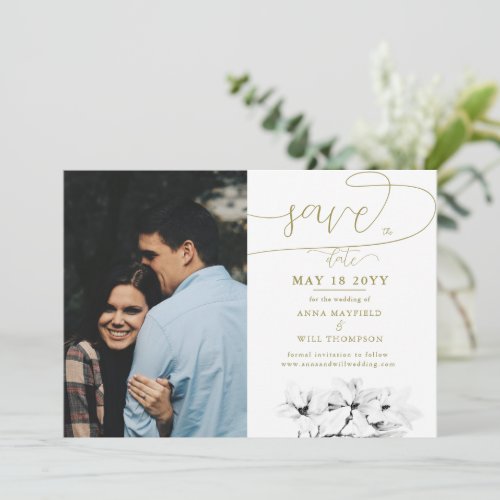 Calligraphy Magnolia Photo Wedding Save the Date Invitation