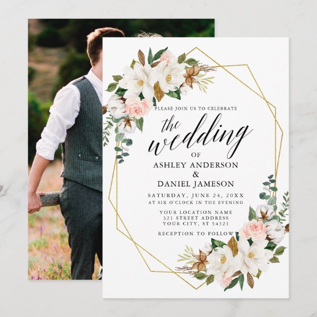 Calligraphy Magnolias Roses Photo Wedding Gold Invitation (Front/Back)