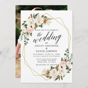 Calligraphy Magnolias Roses Photo Wedding Gold Invitation