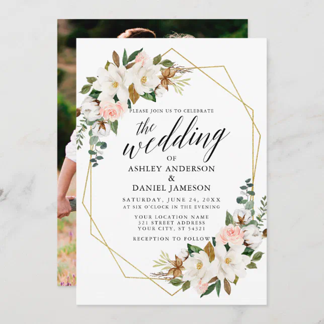 Calligraphy Magnolias Roses Photo Wedding Gold Invitation Zazzle 8674