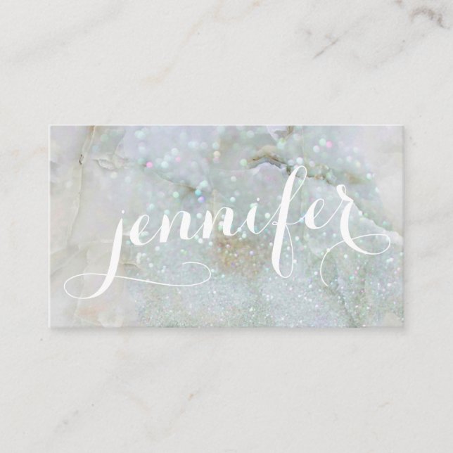 Calligraphy Marble Glitter Iridescent Holographic Business Card (Front)