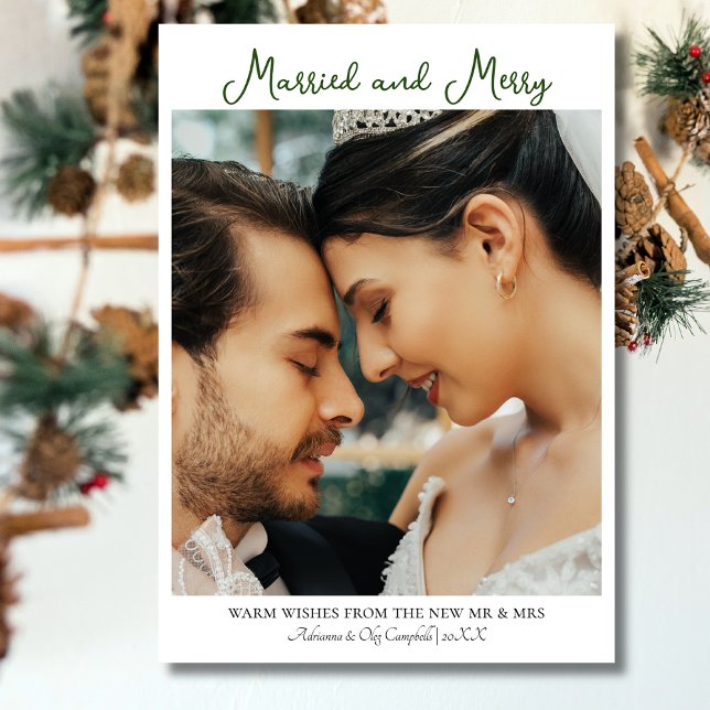 Calligraphy Married and Merry Forest Green Text Holiday Card (Creator Uploaded)
