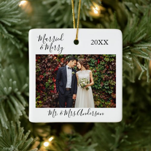 Calligraphy Married and Merry Photo Wedding Ceramic Ornament
