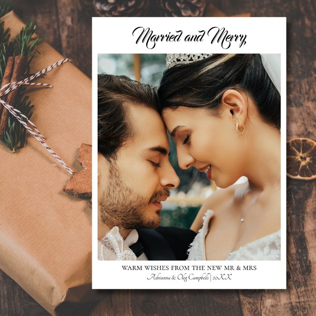 Calligraphy Married and Merry Simple Black Text Holiday Card (Creator Uploaded)