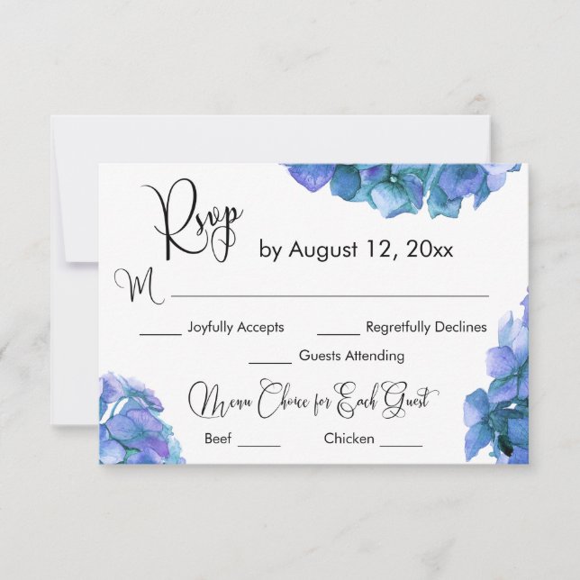 Calligraphy Menu Choice w/ Blue Hydrangea RSVP (Front)