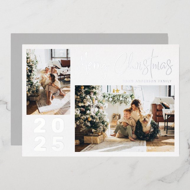 Calligraphy Merry Christmas 2 Family Photo Silver Foil Holiday Card (Front/Back)