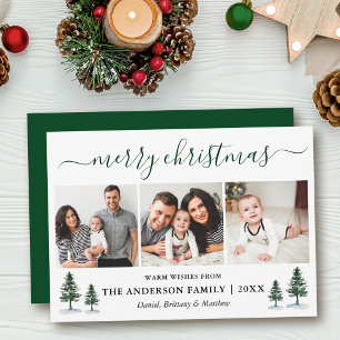 Calligraphy Merry Christmas 3 Photo Green Pines Holiday Card