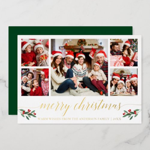 Calligraphy Merry Christmas 5 Photo Green Gold Foil Holiday Card