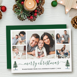Calligraphy Merry Christmas 5 Photo Green Pines Holiday Card