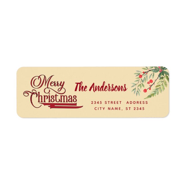 Calligraphy Merry Christmas botanical holly  Label (Front)