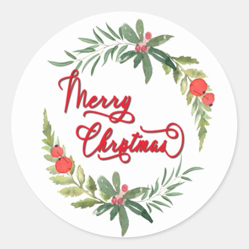 Calligraphy Merry Christmas botanical wreath  Clas Classic Round Sticker
