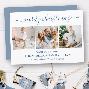 Calligraphy Merry Christmas Dusty Blue 3 Photo Holiday Card
