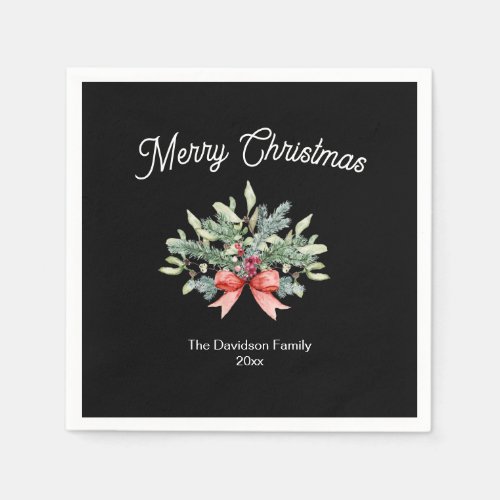 Calligraphy Merry Christmas Family Greenery Black Napkins