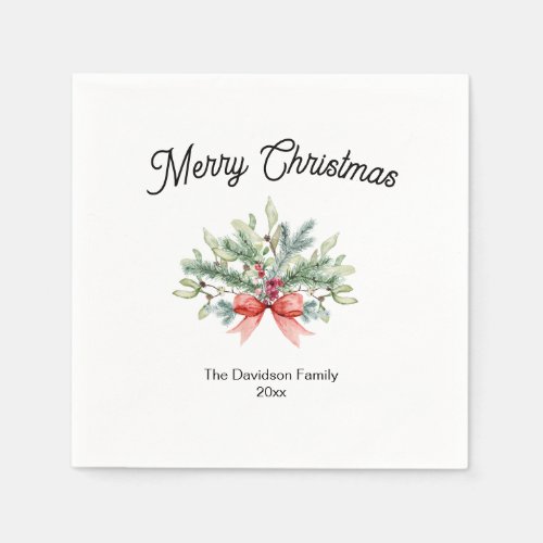 Calligraphy Merry Christmas Family Greenery Napkins