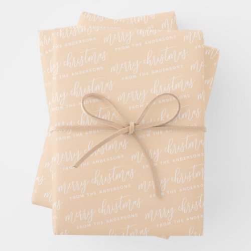 Calligraphy Merry Christmas Family Pastel Peach Wrapping Paper Sheets