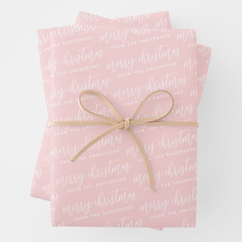 Calligraphy Merry Christmas Family Pastel Pink Wrapping Paper Sheets
