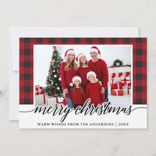 Calligraphy Merry Christmas Family Photo Red Plaid Holiday Card