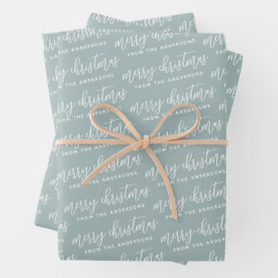 Calligraphy Merry Christmas Family Sage Green Wrapping Paper Sheets