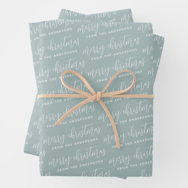 Calligraphy Merry Christmas Family Sage Green Wrapping Paper Sheets (In situ)