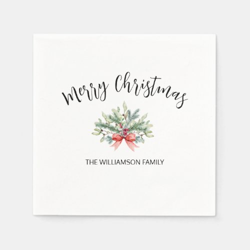 Calligraphy Merry Christmas Greenery Family Napkin