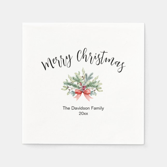 Calligraphy Merry Christmas Greenery Family Napkins (Front)