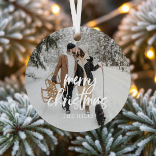 Calligraphy Merry Christmas Photo Ceramic Ornament