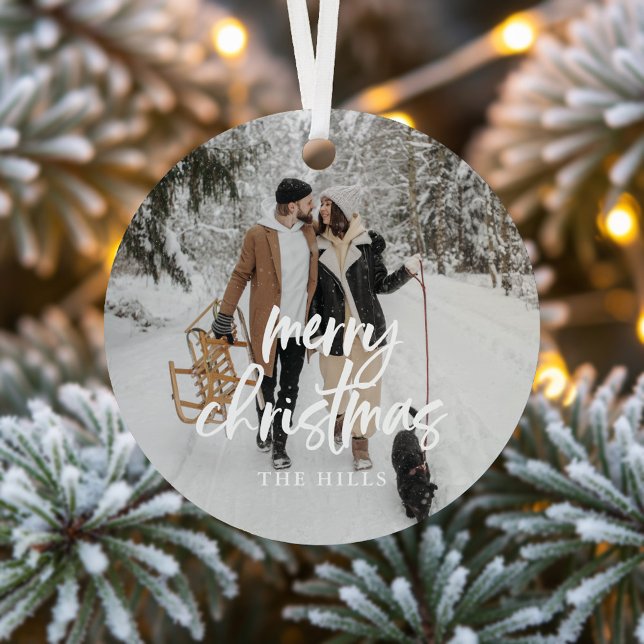 Calligraphy Merry Christmas Photo Ceramic Ornament (Creator Uploaded)