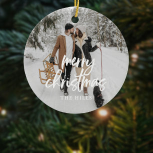 Calligraphy Merry Christmas Photo Ceramic Ornament