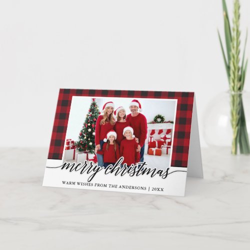 Calligraphy Merry Christmas Photo Plaid Fold Holiday Card