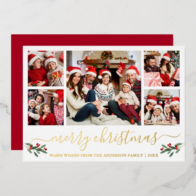 Calligraphy Merry Christmas Red 5 Photo Gold Foil Holiday Card (Front/Back)