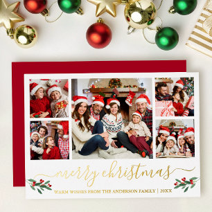 Calligraphy Merry Christmas Red 5 Photo Gold Foil Holiday Card