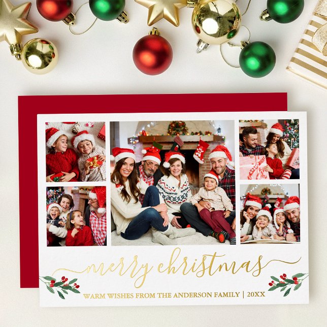 Calligraphy Merry Christmas Red 5 Photo Gold Foil Holiday Card (Gold Foil Photo Christmas Card)