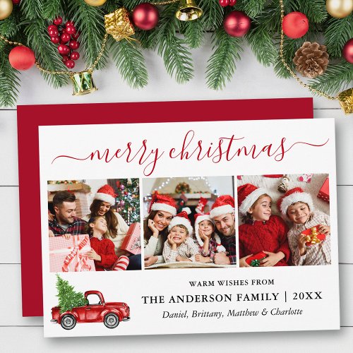 Calligraphy Merry Christmas Red Truck 3 Photo Holiday Card