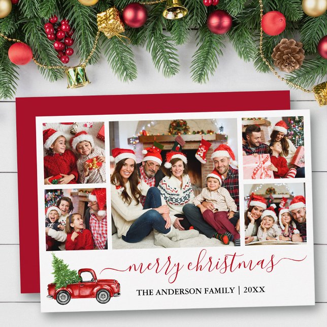 Calligraphy Merry Christmas Red Truck 5 Photo Holiday Card (Customize to add text to back of card or to change color of back of card.)