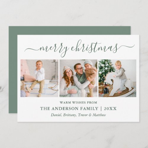 Calligraphy Merry Christmas Sage Green 3 Photo Holiday Card