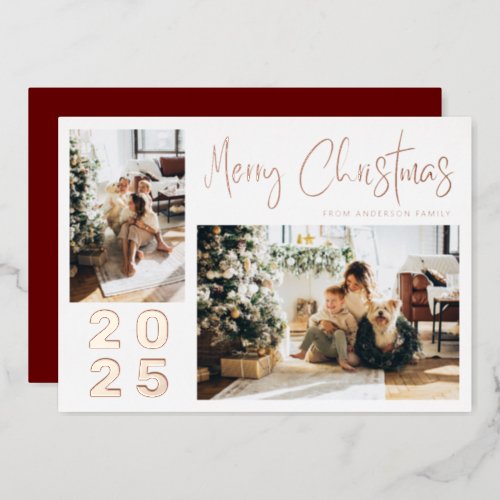Calligraphy Merry Christmas Two Family Photo Red Foil Holiday Card