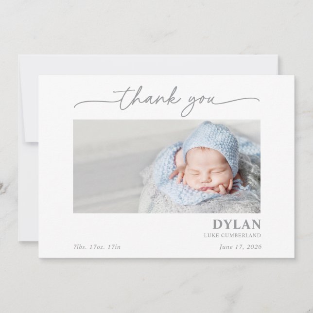 Calligraphy Minimal Baby Photo Thank You Card (Front)