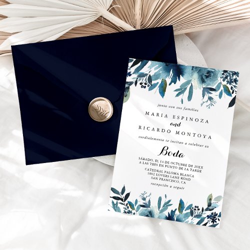 Calligraphy Minimalist Blue Floral Spanish Wedding Invitation