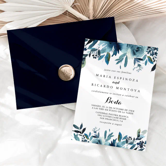 Calligraphy Minimalist Blue Floral Spanish Wedding Invitation | Zazzle