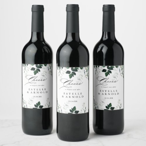 Calligraphy Minimalist Greenery Cheers Wedding Wine Label