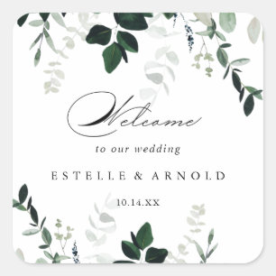 Calligraphy Minimalist Greenery Wedding Welcome Square Sticker