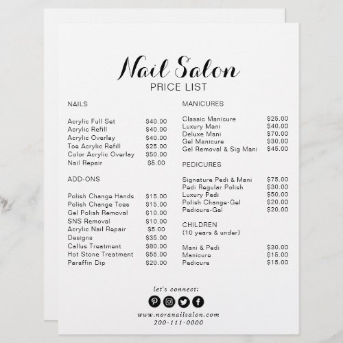 Calligraphy Minimalist Nail Salon Price List