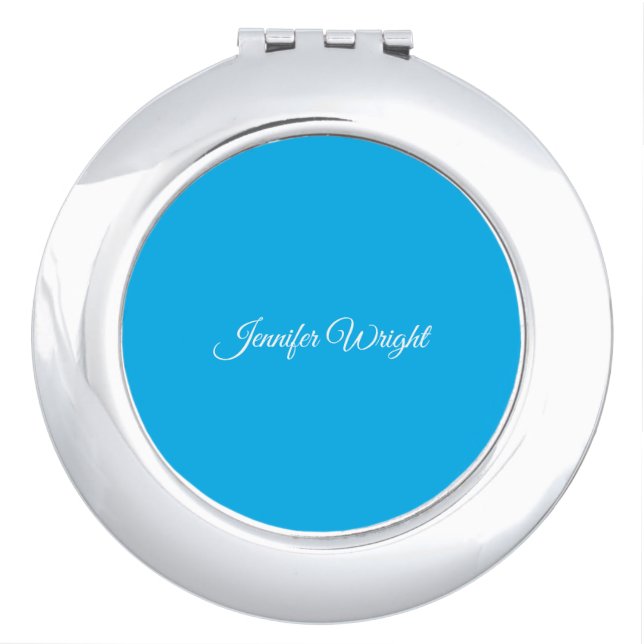 Calligraphy minimalist plain modern azure blue compact mirror (Front)